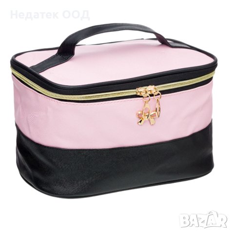 Тоалетна чанта, С дръжка и панделка, 22x15x14см, Розово/ черна , снимка 1 - Други - 42253414