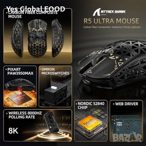 ATTACK SHARK R5 Ultra Carbon 8KHz 42K DPI, снимка 2 - Друга електроника - 53621156