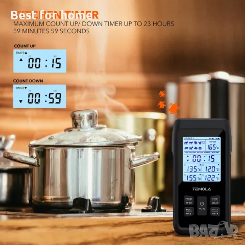TEMOLA TM40 Безжичен цифров термометър за месо с незабавно отчитане с 4 сонди и кухненски таймер, снимка 8 - Други - 48347658