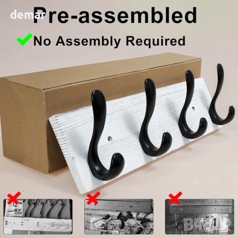 Закачалка за палта HONSKY за стенен монтаж, дървена с 4 двойни куки, бяла/черна, снимка 3 - Закачалки - 50917845