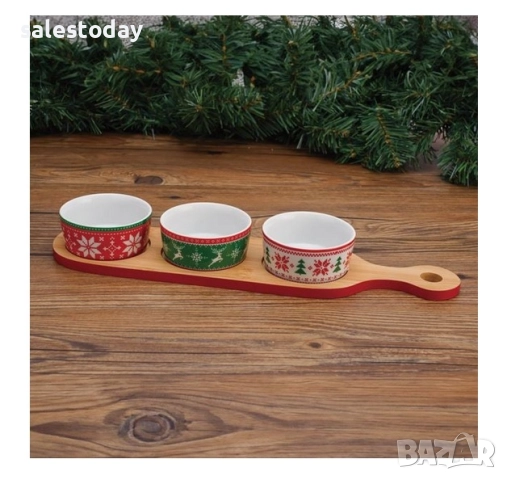 Коледни купи с дъска, комплект от три керамични Christmat купички, 38,5см, снимка 2 - Прибори за хранене, готвене и сервиране - 35280483