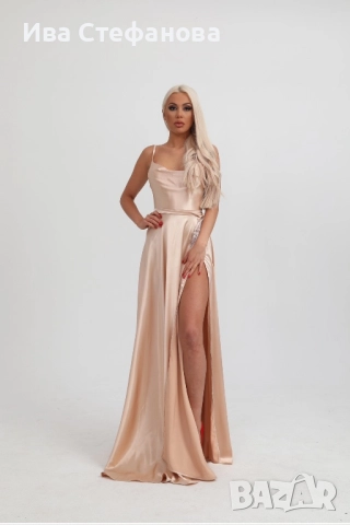 Нова дълга официална парти коктейлна екрю бежова рокля сатен сатенена дизайнер Дидо Георгиев , снимка 8 - Рокли - 50042834