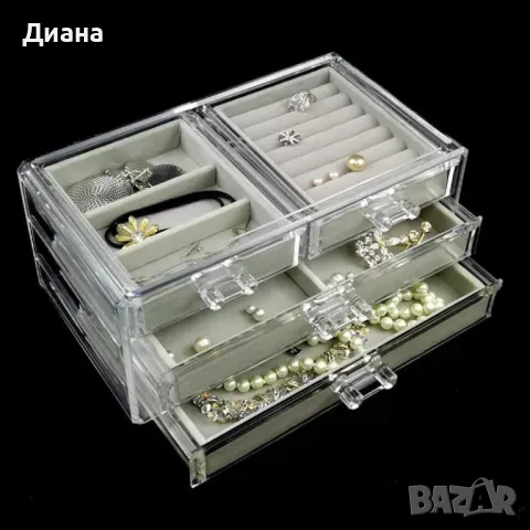Прозрачен органайзер за бижута в сива подплата от кадифе с чекмеджета, снимка 1
