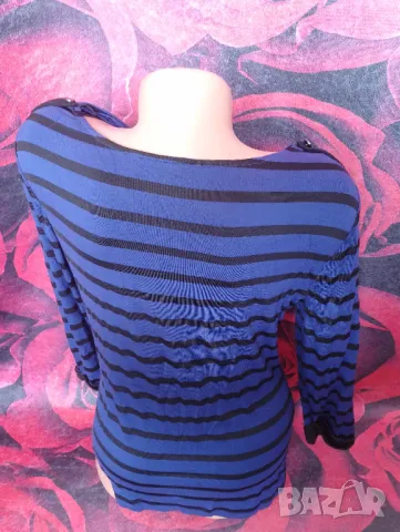 Турско синя блуза с 7/8 ръкав на черно райе и гръцко деколте Л, снимка 3 - Блузи с дълъг ръкав и пуловери - 49461875