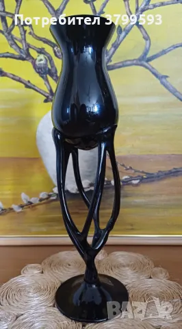 Полски черен свещник ръчно духано стъкло, снимка 3 - Антикварни и старинни предмети - 48916483