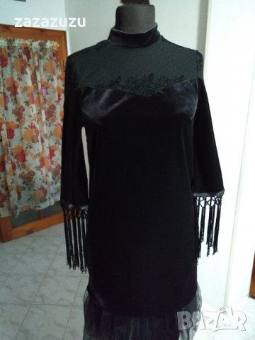 Елегантна дамска рокля черно кадифе с дантела