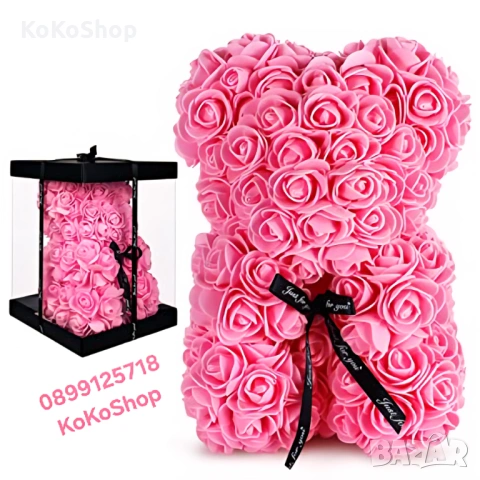 Мече от рози в луксозна кутия – розово, романтичен подарък за Св. Валентин