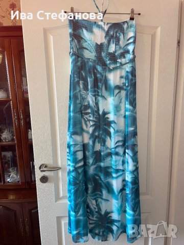 Ефирна дълга тюркоазена  елегантна ежедневна рокля тропик палми тропически принт , снимка 2 - Рокли - 41703823