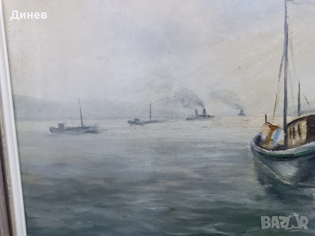 Атмосферна маслена картина "Пейзаж с лодка" (Regehbar '86) - 68x88 см, снимка 7 - Картини - 51967072