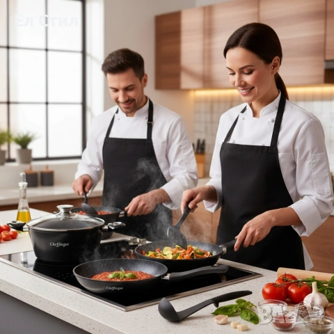 Комплект съдове за готвене 6 части Cheffinger – тенджера 24 см, тигани 24 и 28 см, за индукция, снимка 3 - Съдове за готвене - 53573304