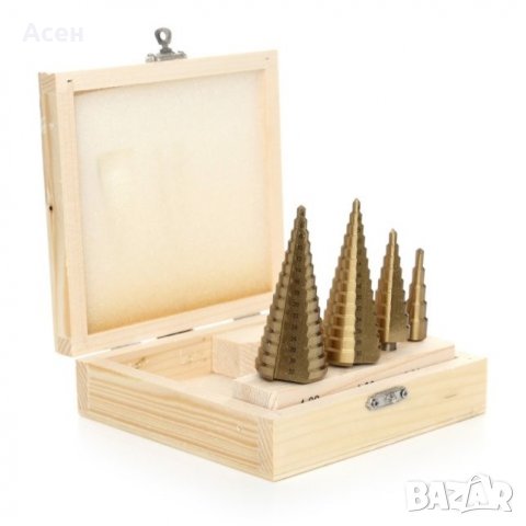 ПРОМОЦИЯ 30 ЛВ. Комплект свредла със стъпков конус 4 бр в кутия 4-32 мм