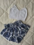 Дамски летен комплект – бял къс топ + сини къси гащички с ластик, снимка 1