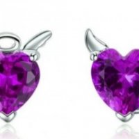Сребърни обеци сърца"Angels and devils"/,purple/нови, снимка 1 - Колиета, медальони, синджири - 40136866