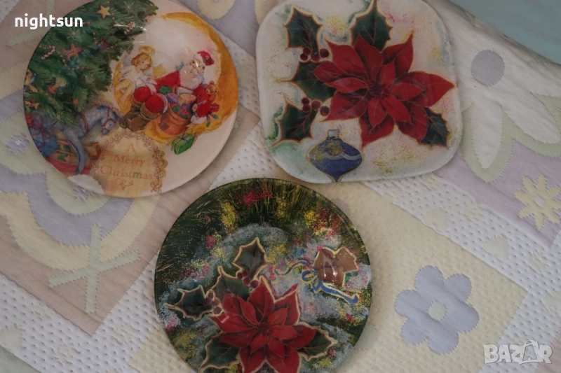 Три декоративни коледни чинии, ръчна изработка с декупаж, снимка 1