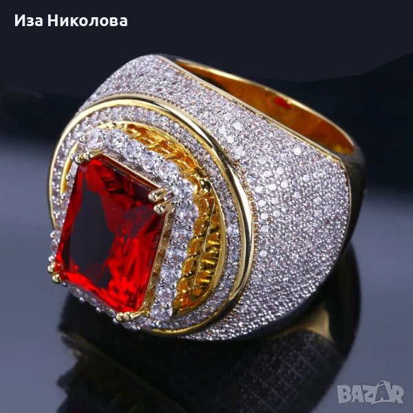 Позлатен пръстен с рубин и австрийски кристали, снимка 1