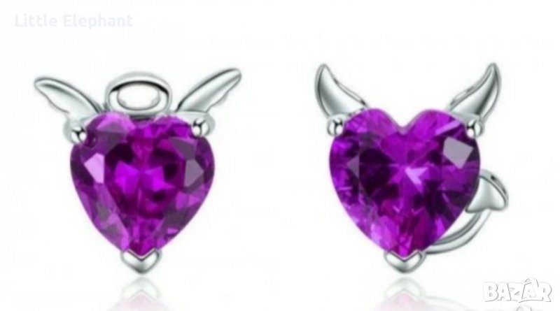 Сребърни обеци сърца"Angels and devils"/,purple/нови, снимка 1