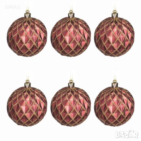 Комплект коледни топки за елха – бордо с релефни ромбове, матови с брокат, Ø8 см – 6 броя_1253576, снимка 1