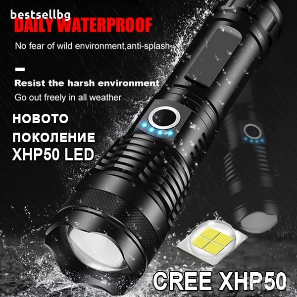 Мощен LED фенер акумулаторен прожектор презареждащ се USB лов риболов, снимка 1