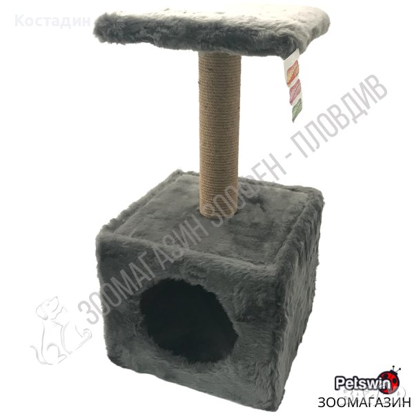 Драскало за Коте - 31/31/59см - с Къщичка и Стойка - Сива разцветка - Special Cat, снимка 1