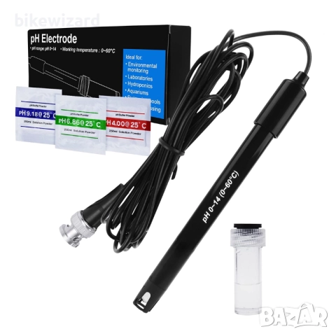 pH електрод с BNC гнездо сонда 300cm кабел 0-14pH за pH метър, pH контролер pH устройство НОВ 