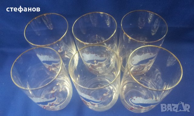 Ретро водни чаши, тънкостенни, златен кант, ръчно рисувани, 6 бр, снимка 4 - Антикварни и старинни предмети - 40709143