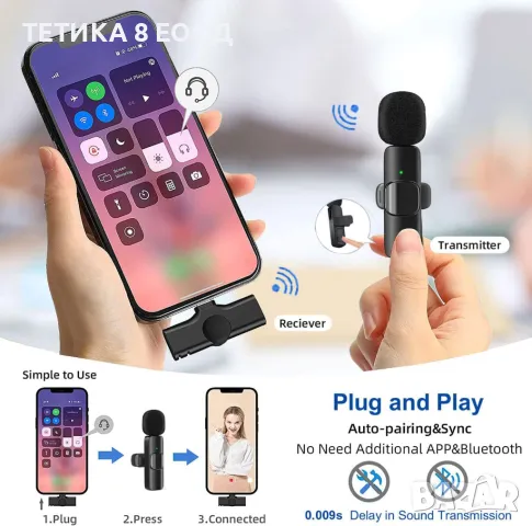 Безжичен микрофон за iPhone iPad Android и PC, 2.4GHz Без Bluetooth, снимка 4 - Селфи стикове, аксесоари - 49198329