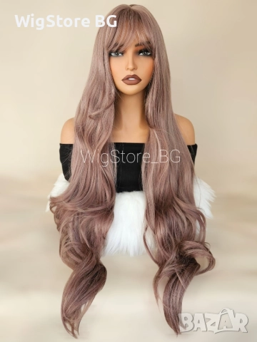 Сиво-лилава къдрава перука с бретон 