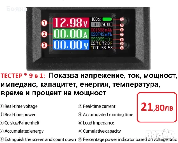 Тестер комбиниран 9 в 1 за измерване на ток до 100V - 10A