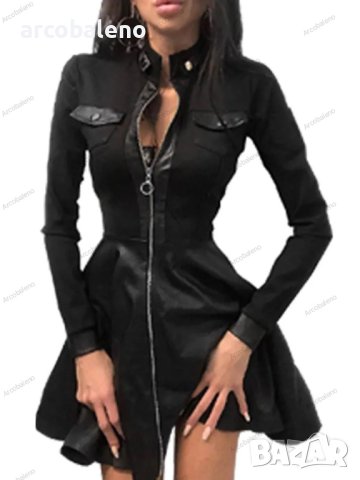 Дамска рокля с дълъг ръкав и V-образно деколте с цип и джоб, 3модела, снимка 3 - Рокли - 42318593