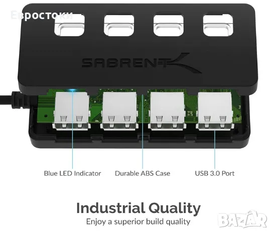 SABRENT 4-портов USB 3.0 хъб с индивидуални LED превключватели, снимка 2 - Кабели и адаптери - 47842235