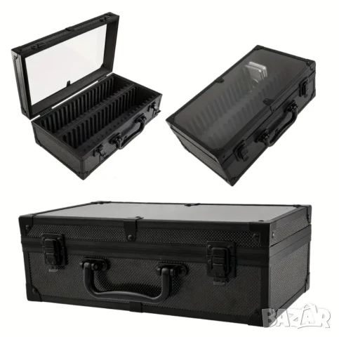 Черен алуминиев куфар за 40 броя сертифицирани монети PCGS,NGC със стъклен капак