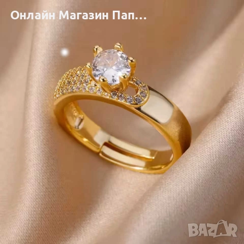 Позлатен дамски пръстен от неръждаема стомана с корона от цирконий, преоразмеряем, снимка 2 - Пръстени - 52302329