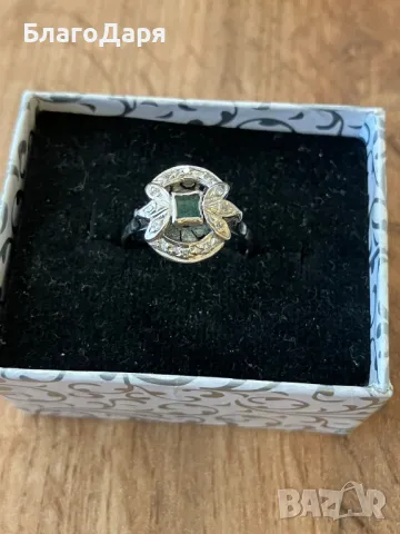Пръстен паладий смарагд и диаманти, снимка 2 - Пръстени - 48714172