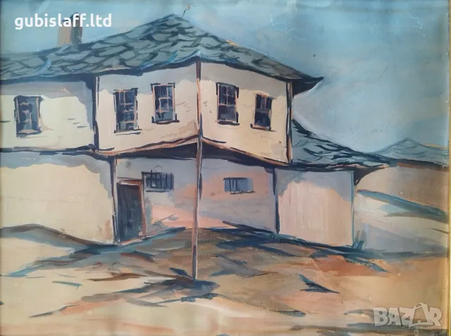 Картина, къщи, български автор, 1950-те г., снимка 2 - Картини - 48718979