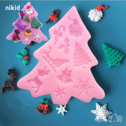 Коледен елха с елен снежинка шейна имел камбанки силиконов молд форма фондан, снимка 3 - Форми - 34727716