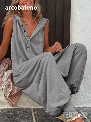 Едноцветен дамски гащеризон с качулка и копчета без ръкави, 6цвята , снимка 7 - Гащеризони - 40394395