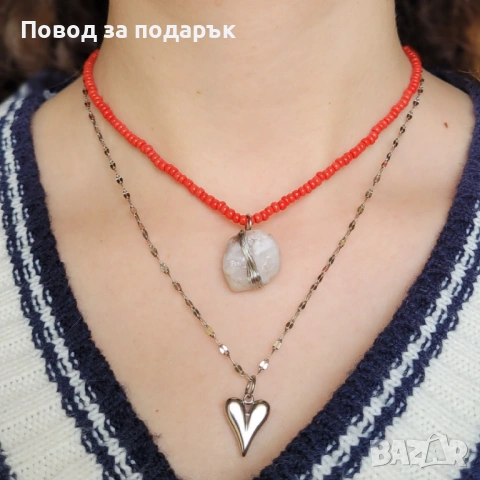 Двуслойно колие с естествен кварц , снимка 2 - Колиета, медальони, синджири - 53040962