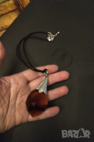 НАМАЛЕНО Колие бохемско кехлибарено  стъкло , снимка 4 - Колиета, медальони, синджири - 36142542