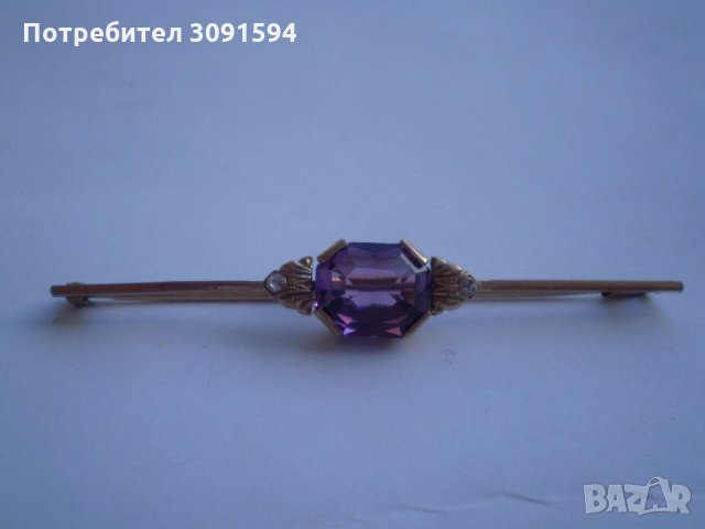 Старинна позлатена игла брошка с аметист, снимка 2 - Антикварни и старинни предмети - 34763843