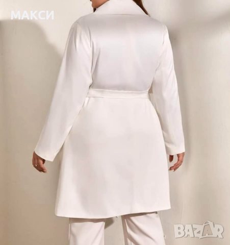 Макси модерен луксозен еластичен подплатен блейзър в бяло с красива дантела и колан, снимка 2 - Палта, манта - 40161718