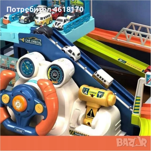 Детска игра голяма писта с 4 броя колички, асансьор и кормило, снимка 5 - Коли, камиони, мотори, писти - 52380083