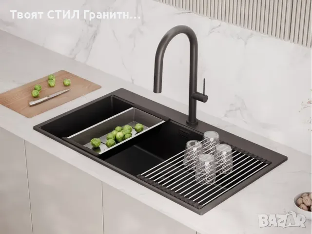 Черна кухненска гранитна мивка Осло 90 XXL Top 880 x 500 мм