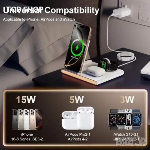 3 в 1 безжично зарядно устройство, станция за зареждане 18W с лампа, снимка 2 - Безжични зарядни - 49522710