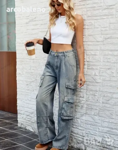 Дамски изпрани полуеластични широки дънкови панталони 