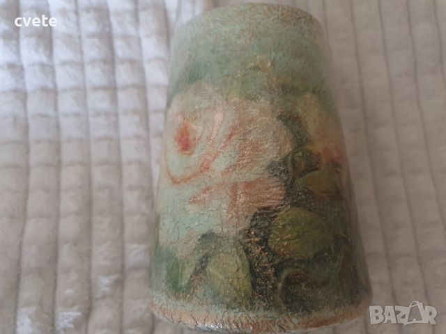  Стъклена ваза винтидж стил, ръчно декорирана с декупаж, снимка 11 - Вази - 44679516