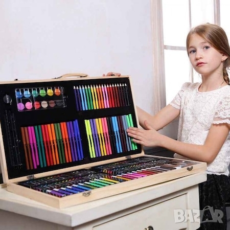 НОВ Комплект за рисуване от 180 части в дървен куфар, многоцветен, снимка 4 - Ученически пособия, канцеларски материали - 36093955