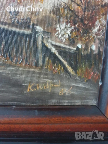 54х44см/малка картина масло върху платно/пейзаж/къщи-каменна кула-мелница/1986/дървена рамка, снимка 7 - Картини - 51215077