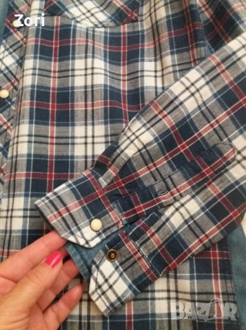 Карирана риза с дънкови рамене и гръб, снимка 4 - Ризи - 41812516