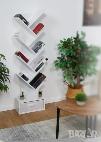 Дървена библиотека за книги тип дърво 9 рафта + чекмедже, бял, венге, снимка 10 - Етажерки - 49723979