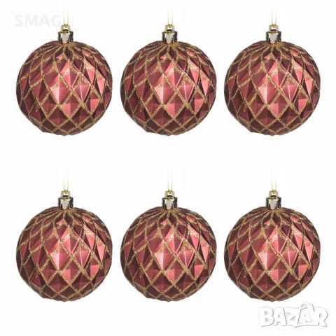 Комплект коледни топки за елха – бордо с релефни ромбове, матови с брокат, Ø8 см – 6 броя_1253576